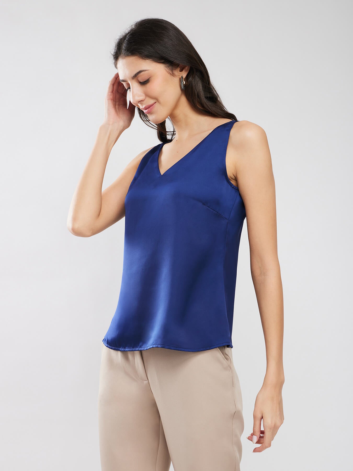 Satin Sleeveless Top - Navy Blue