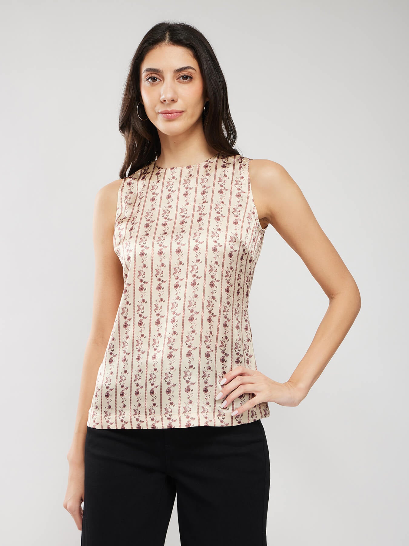 Satin Floral Print Top - Beige