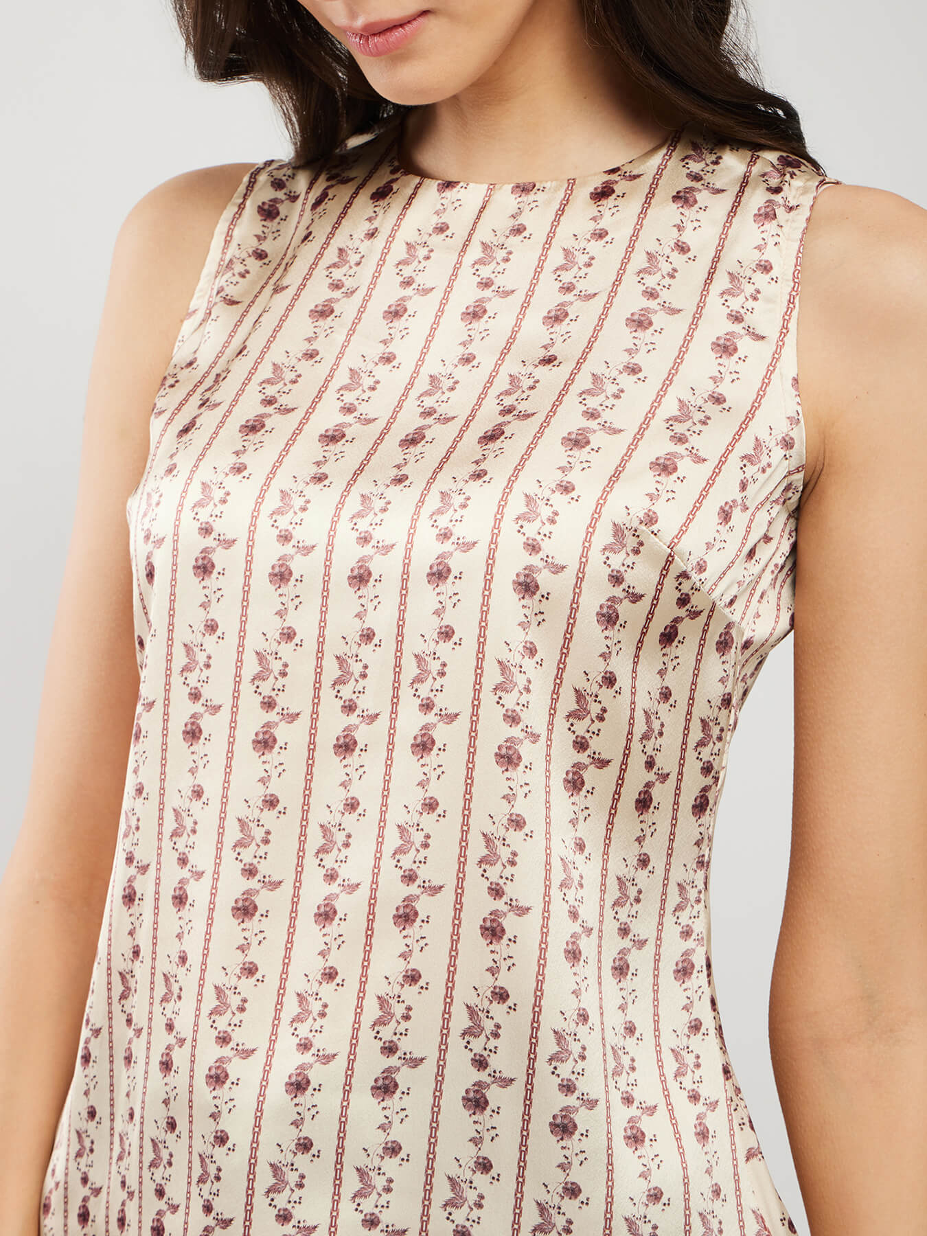 Satin Floral Print Top - Beige
