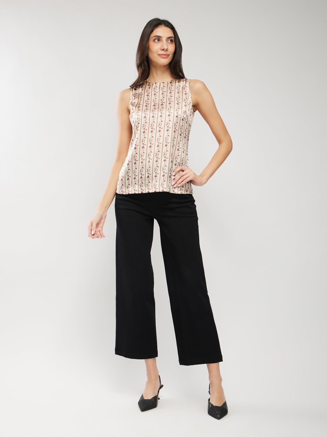 Satin Floral Print Top - Beige