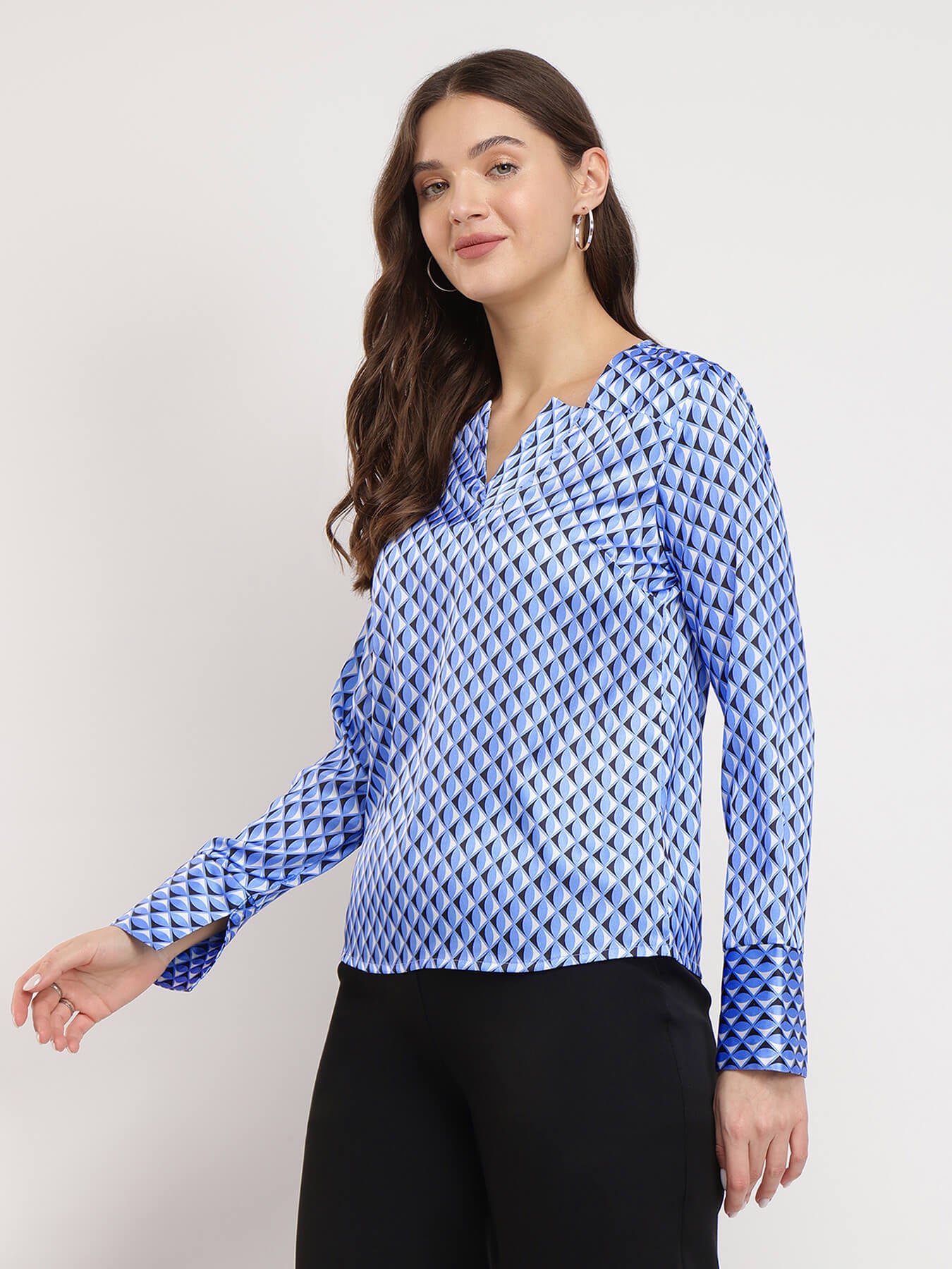 Stretchable Satin Geometric Top - Blue