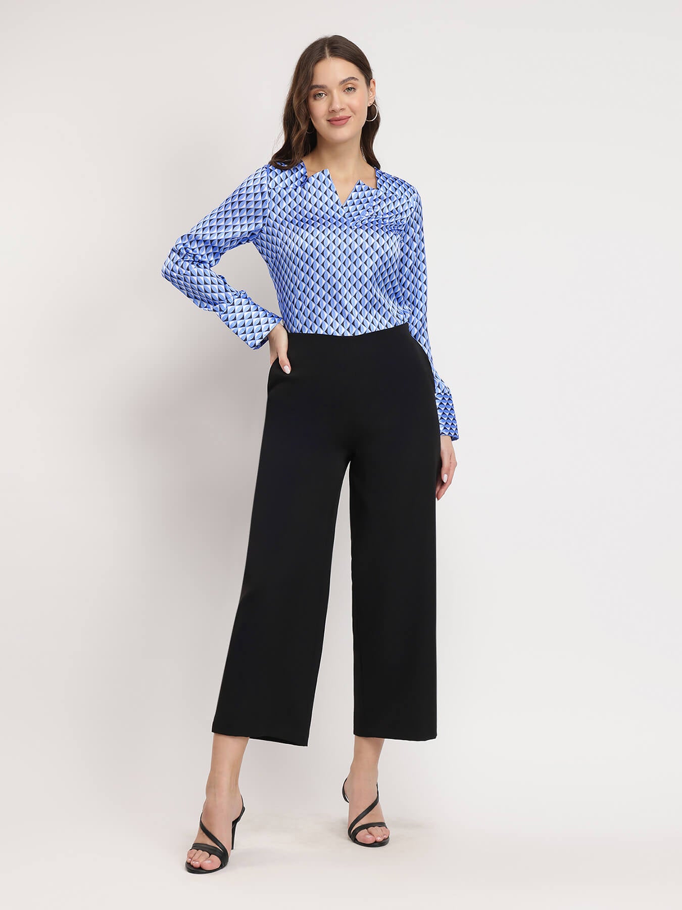 Stretchable Satin Geometric Top - Blue