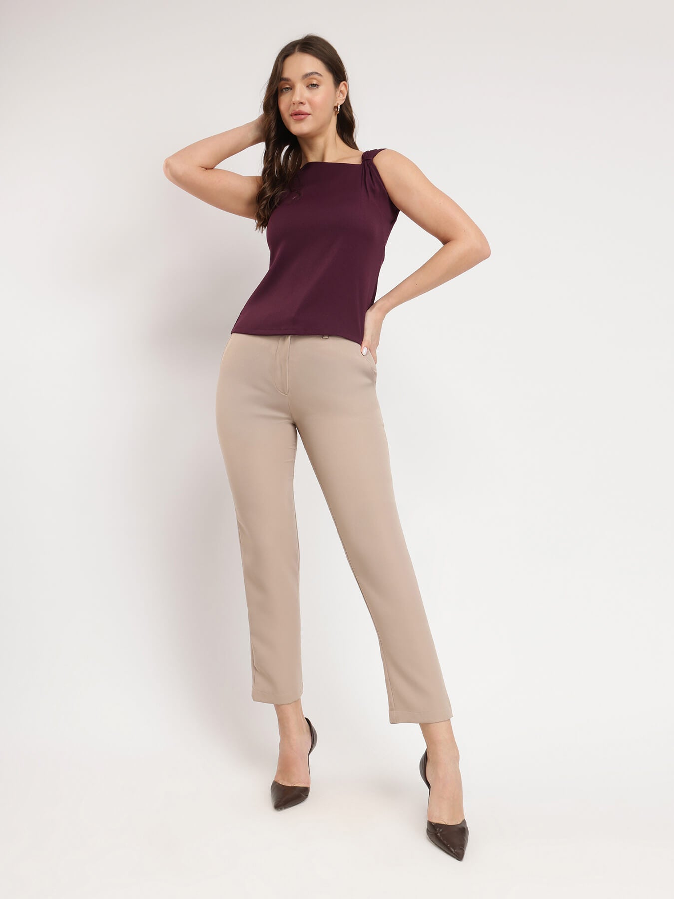 Stretchable Asymmetric Neck Top - Burgundy