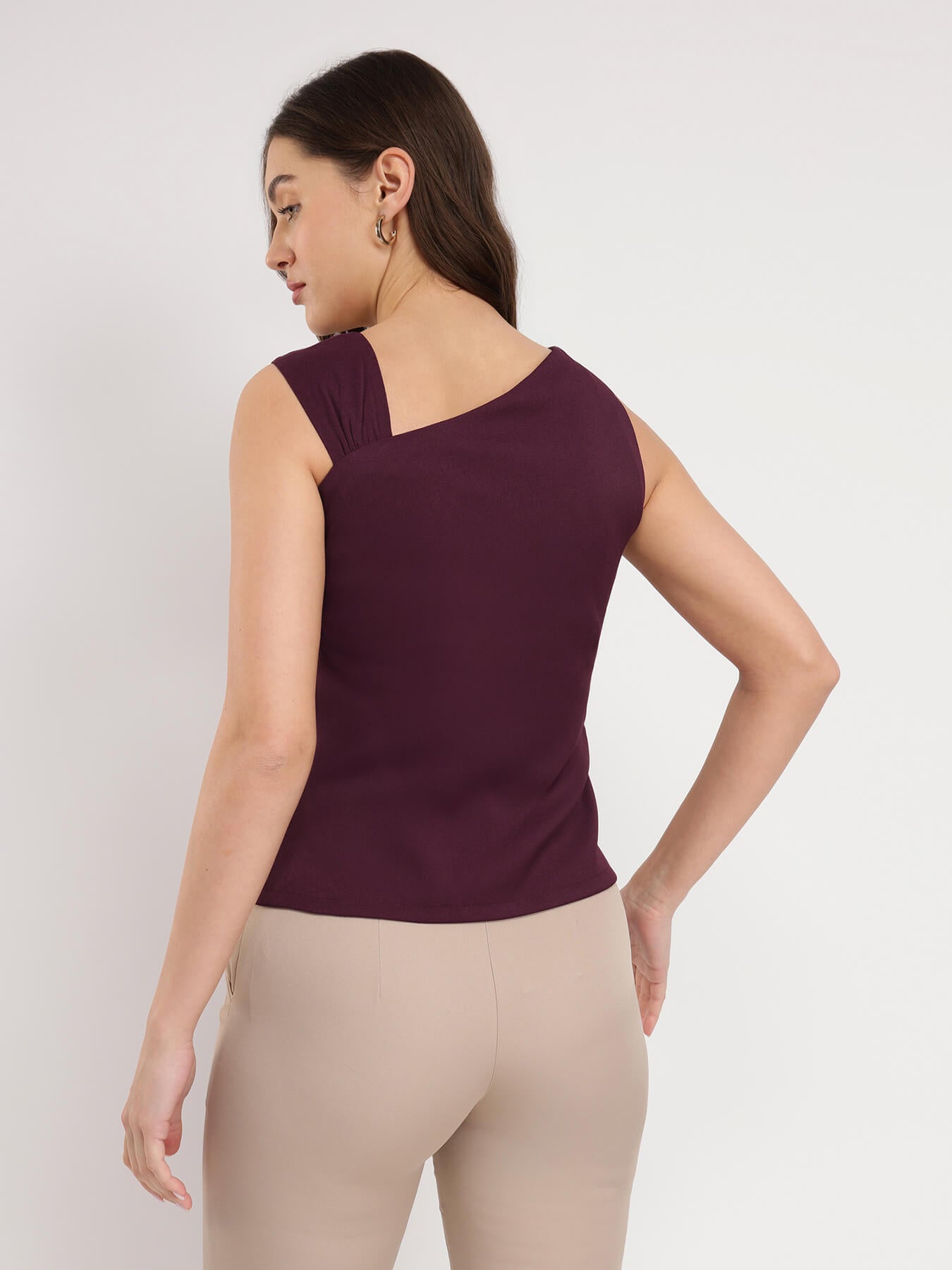 Stretchable Asymmetric Neck Top - Burgundy