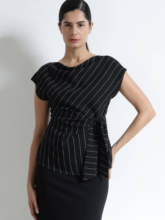 Striped Waist Tie-Up Top - Black