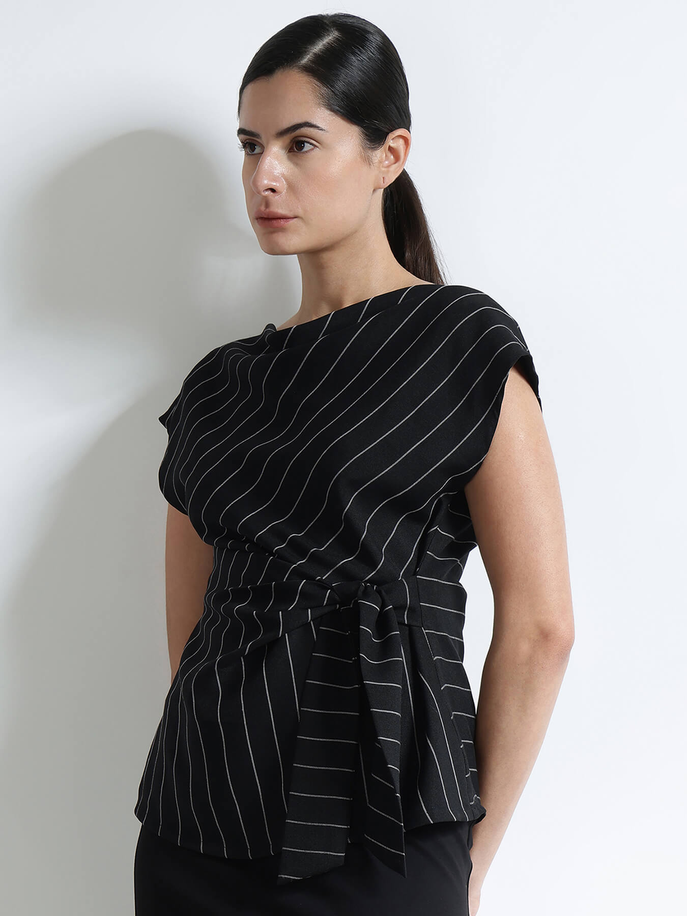 Striped Waist Tie-Up Top - Black