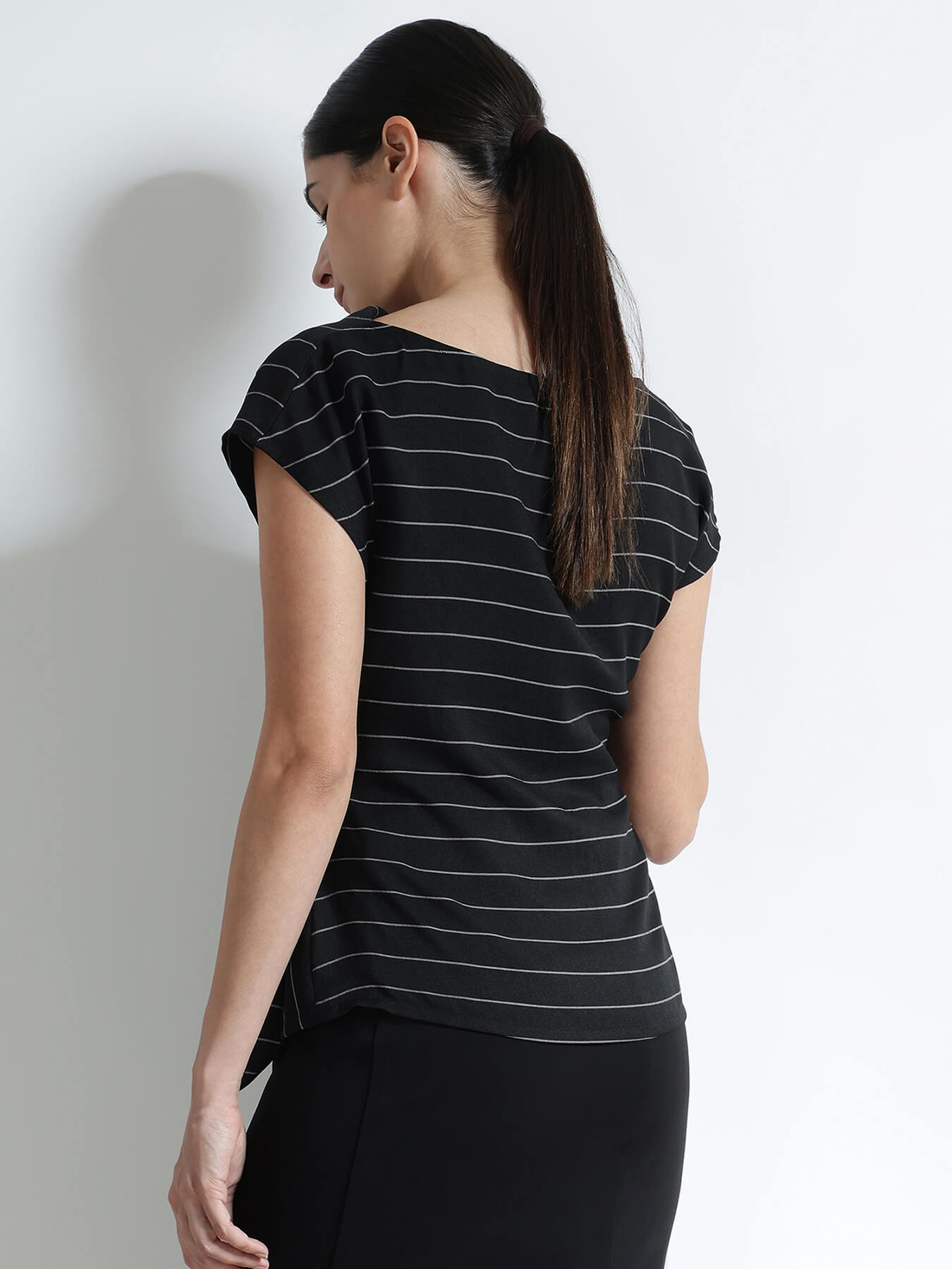 Striped Waist Tie-Up Top - Black