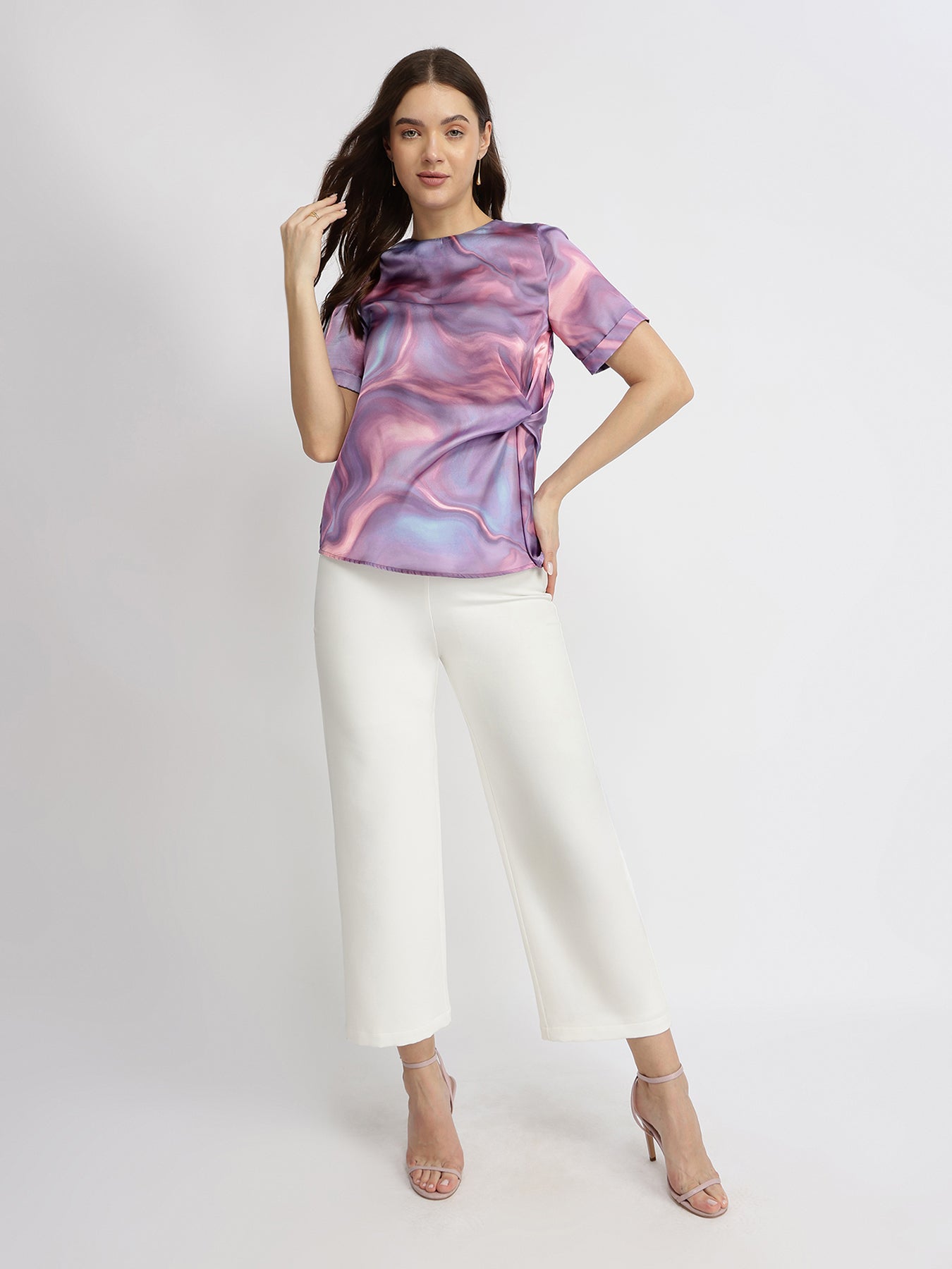 Satin Marble Print Top - Lavender