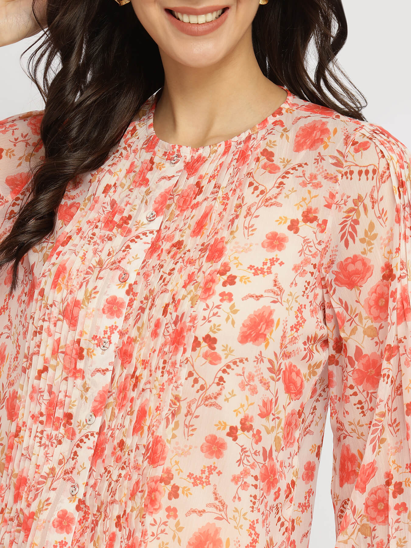 Floral Gathered Sleeves Top - Orange