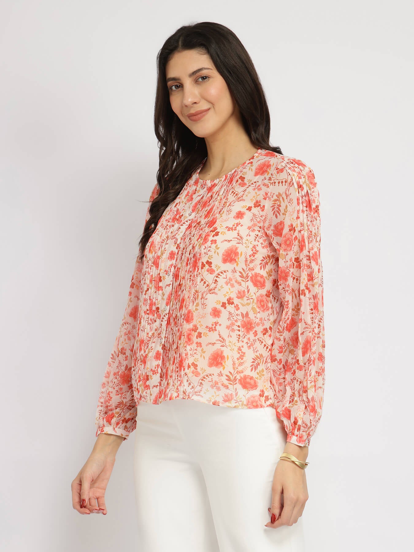 Floral Gathered Sleeves Top - Orange