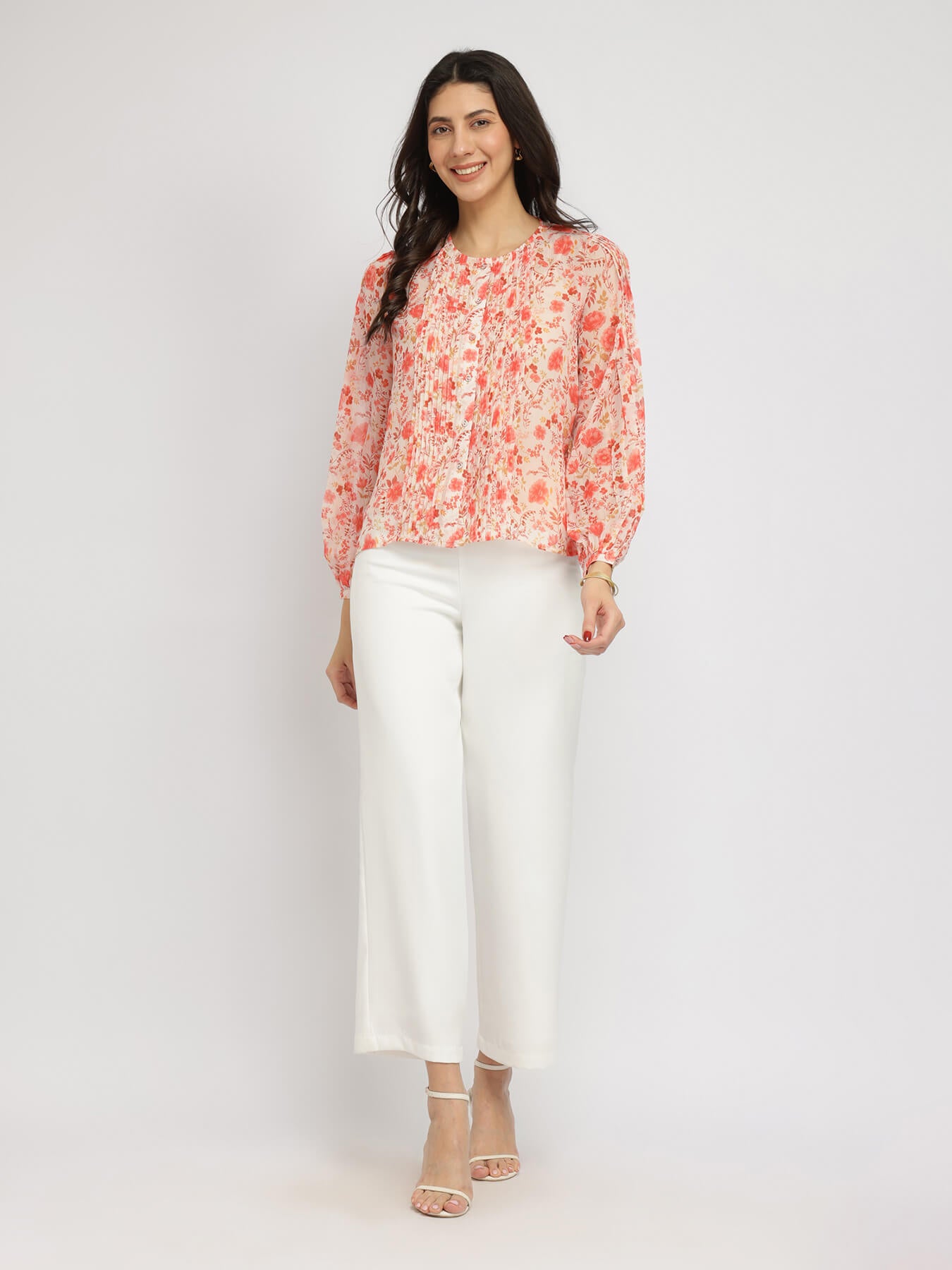 Floral Gathered Sleeves Top - Orange
