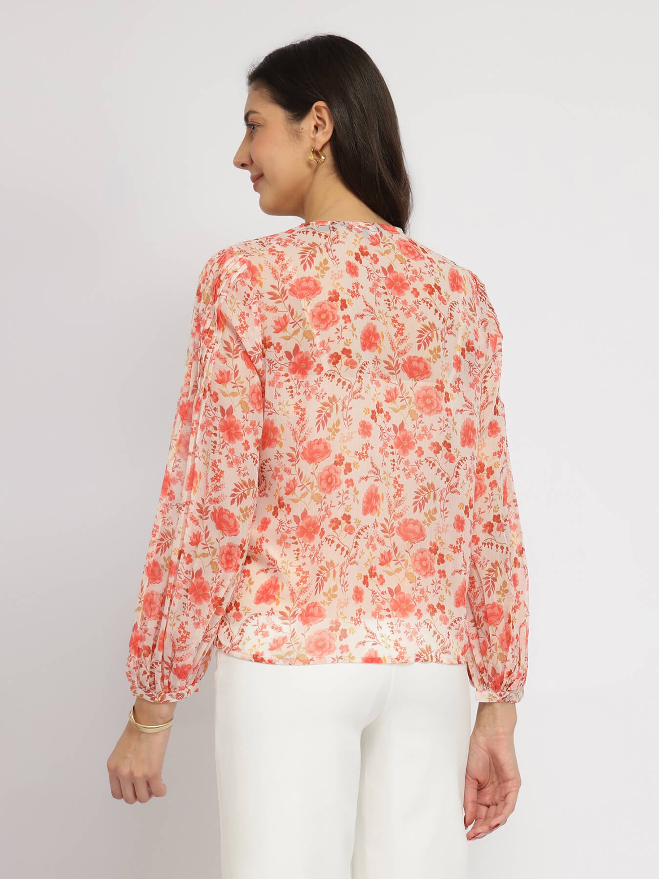 Floral Gathered Sleeves Top - Orange