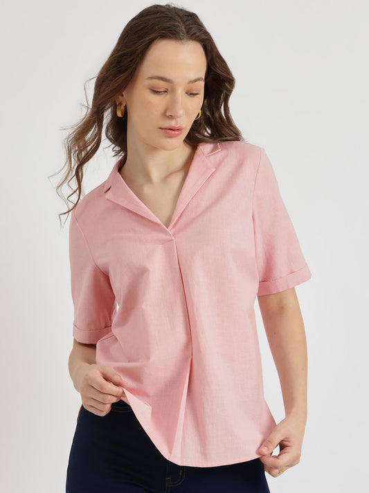 Cotton Notched Collar Top - Pink