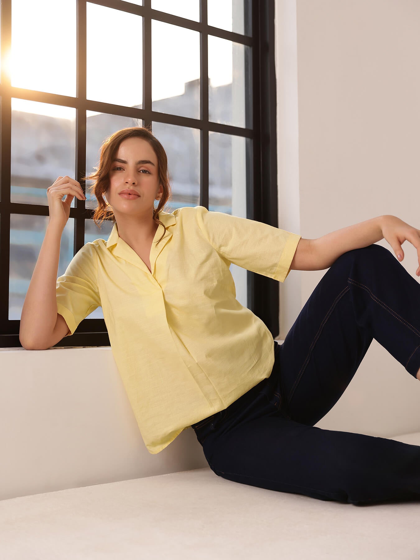 Cotton Notched Collar Top - Yellow