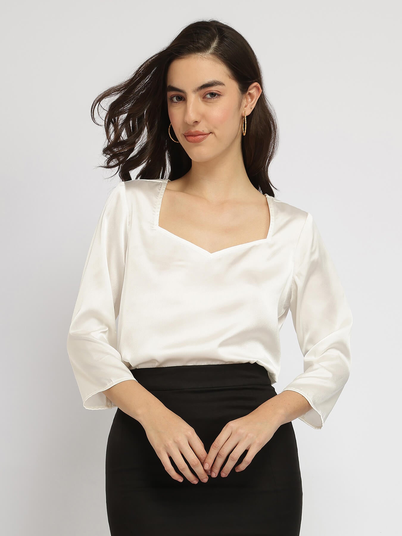 Satin Sweetheart Neck Top - Off White