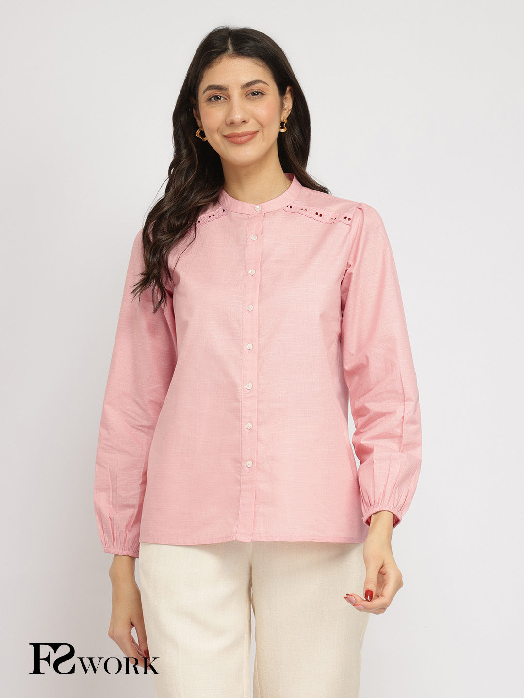 Cotton Mandarin Collar Top - Pink