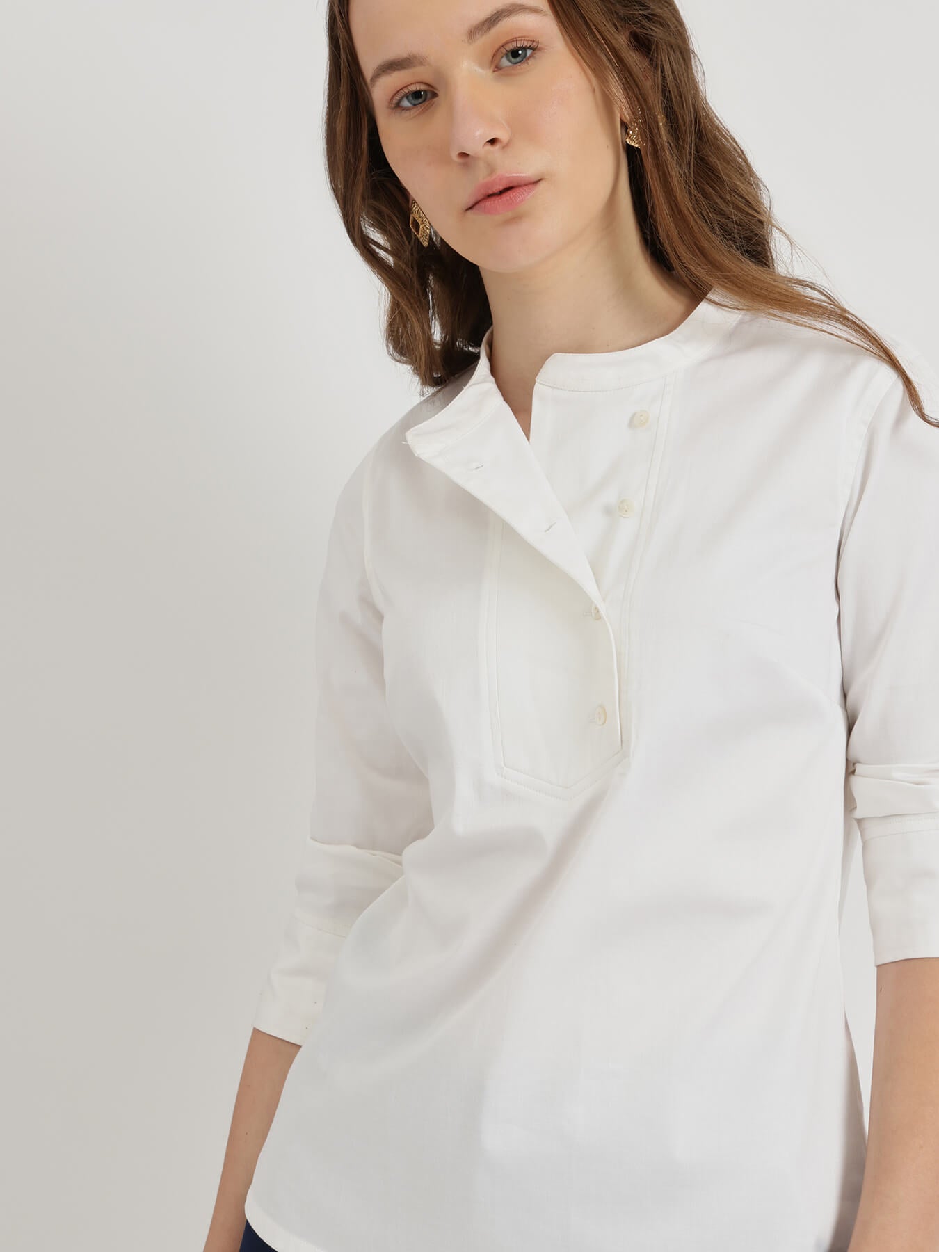 Cotton Mandarin Collar Top - White