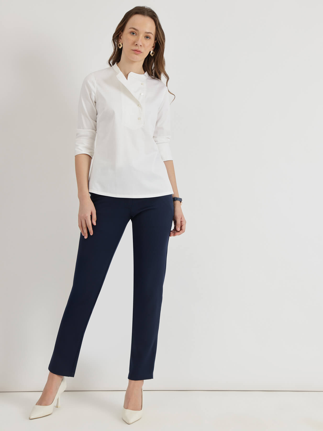 Cotton Mandarin Collar Top - White
