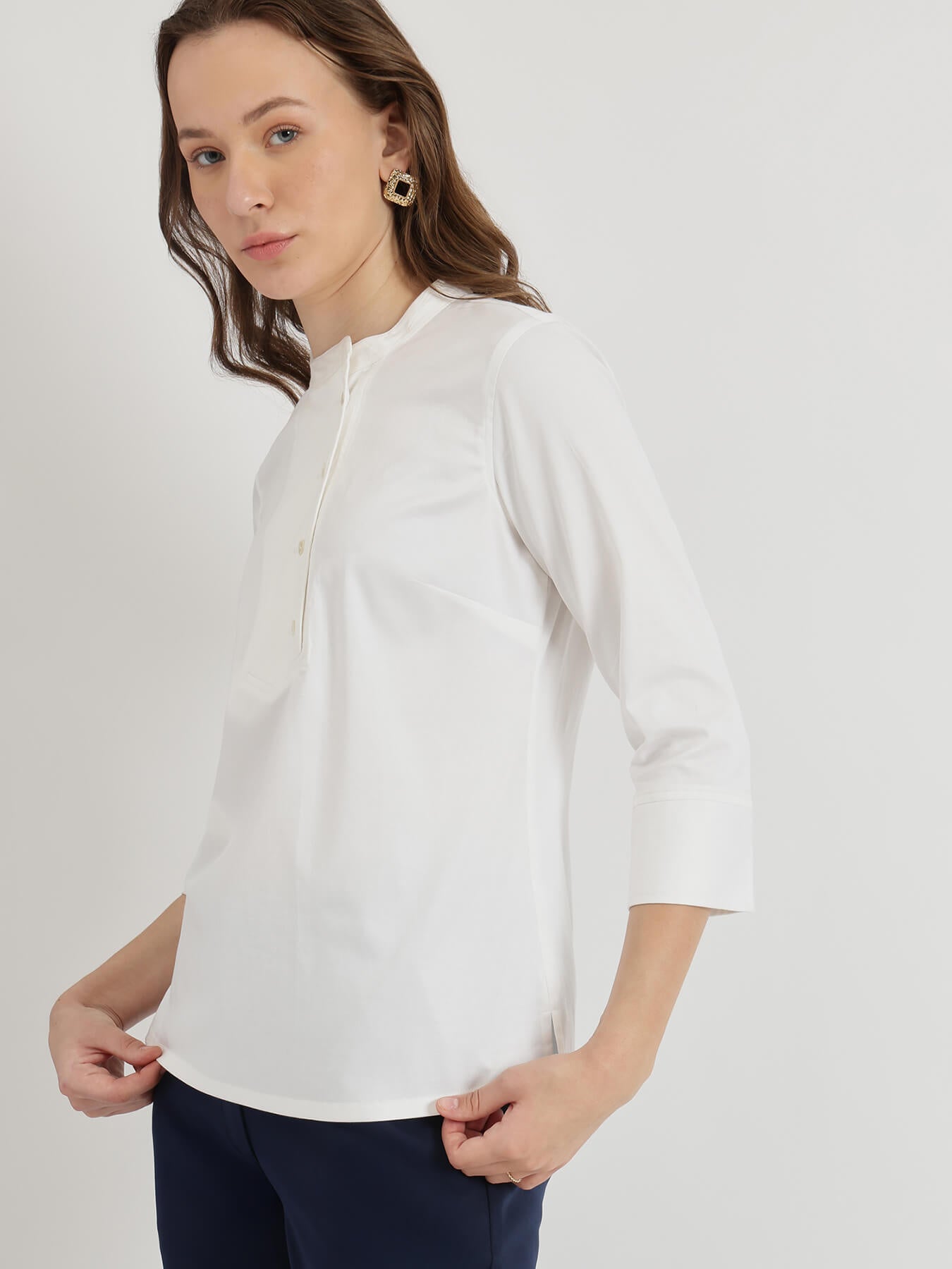 Cotton Mandarin Collar Top - White