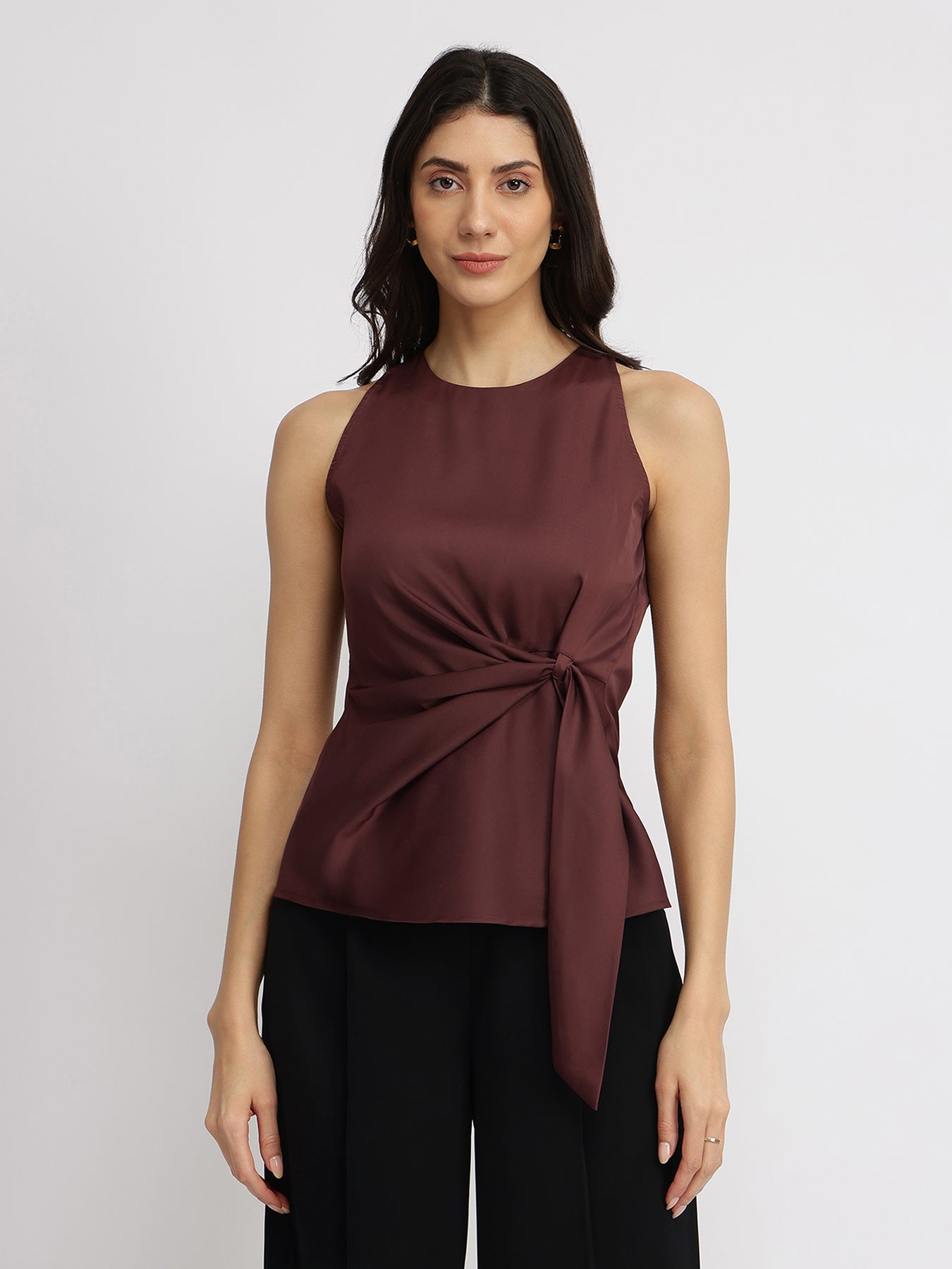 Satin Tie Up Top - Brown