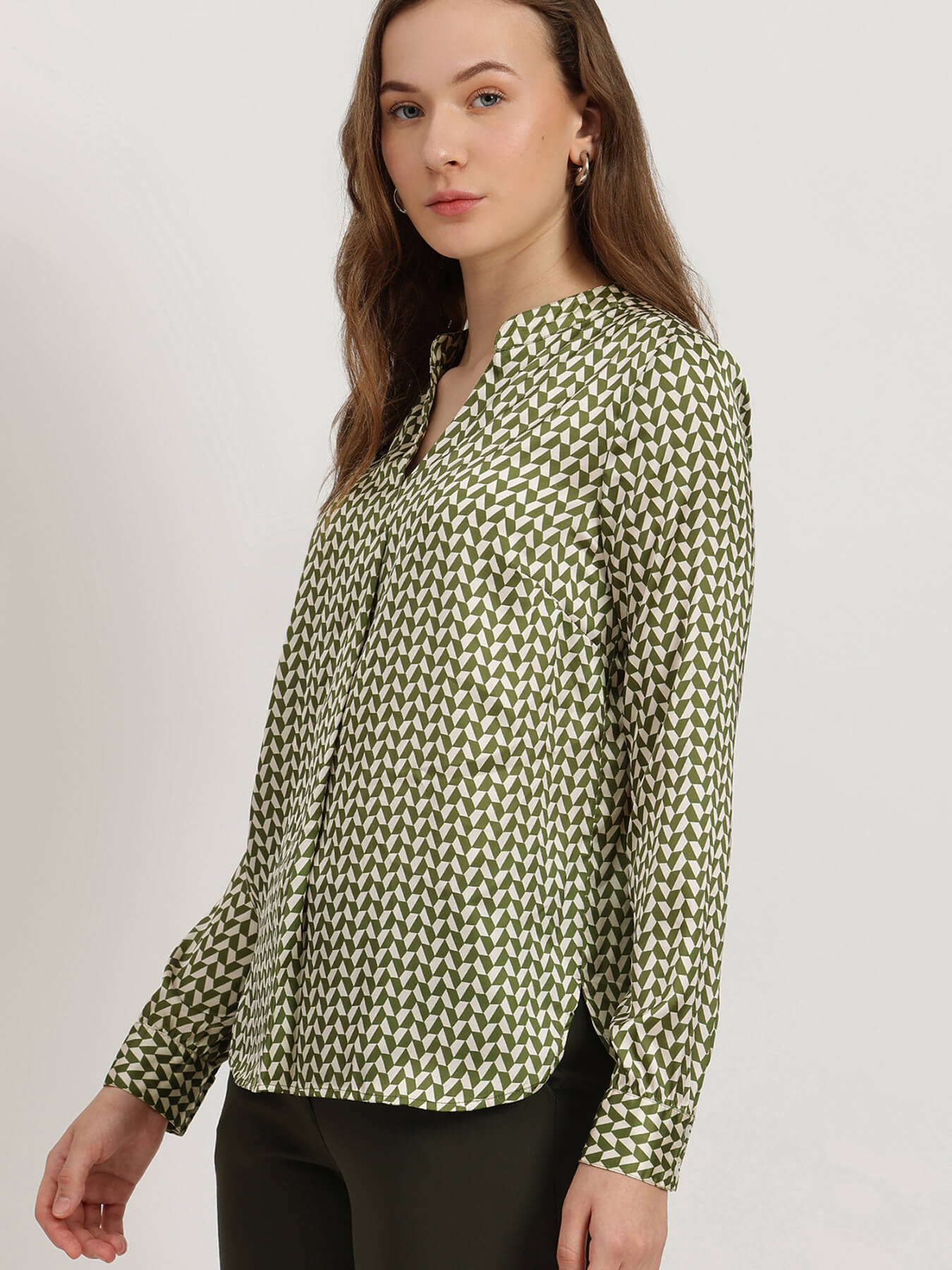 Satin Mandarin Neck Top - Olive