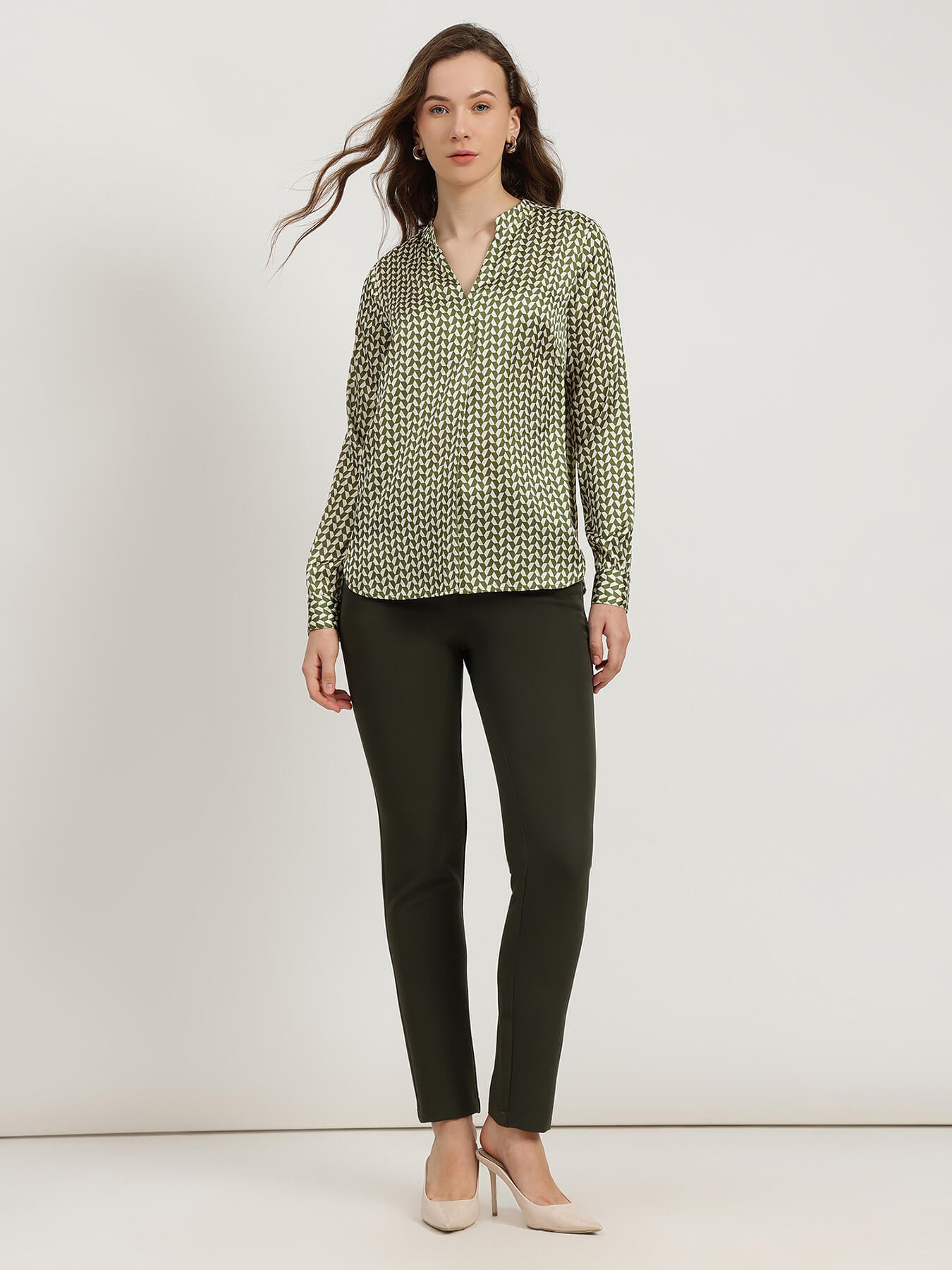 Satin Mandarin Neck Top - Olive