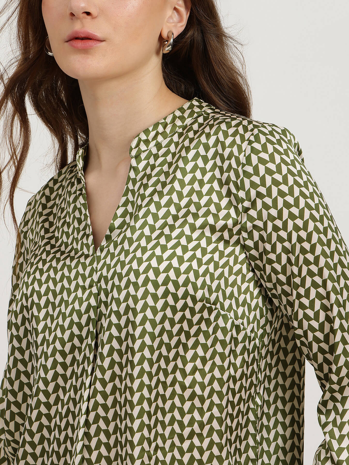 Satin Mandarin Neck Top - Olive