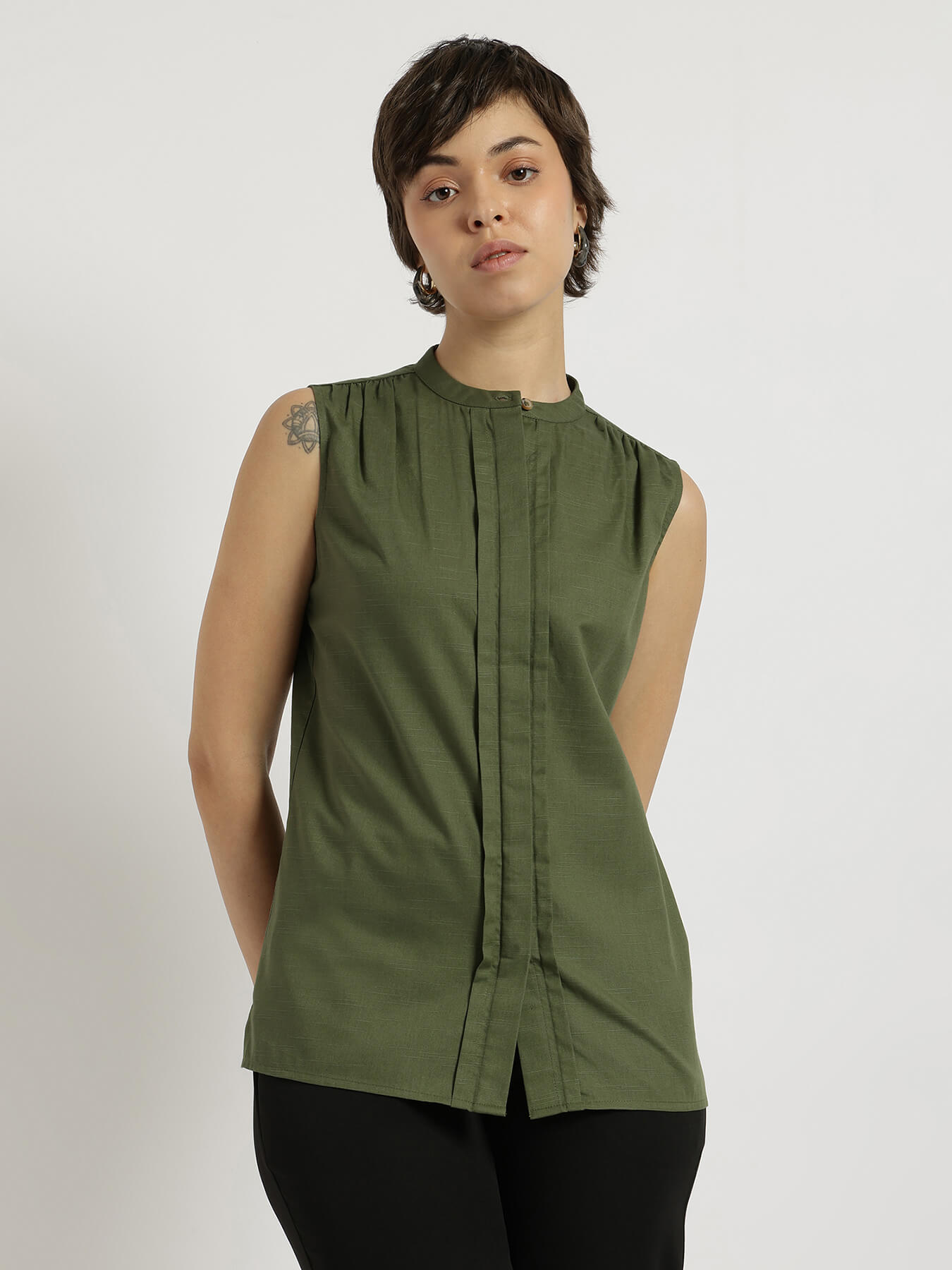 Cotton Mandarin Collar Top - Olive