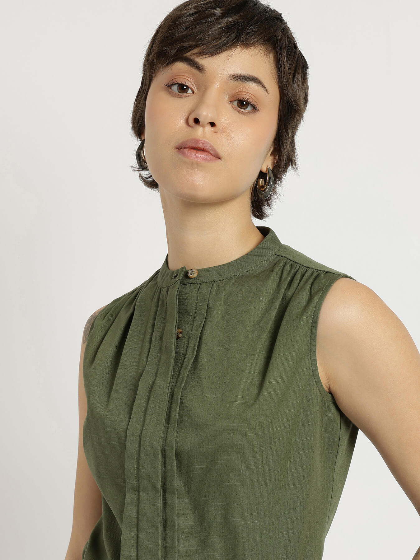 Cotton Mandarin Collar Top - Olive