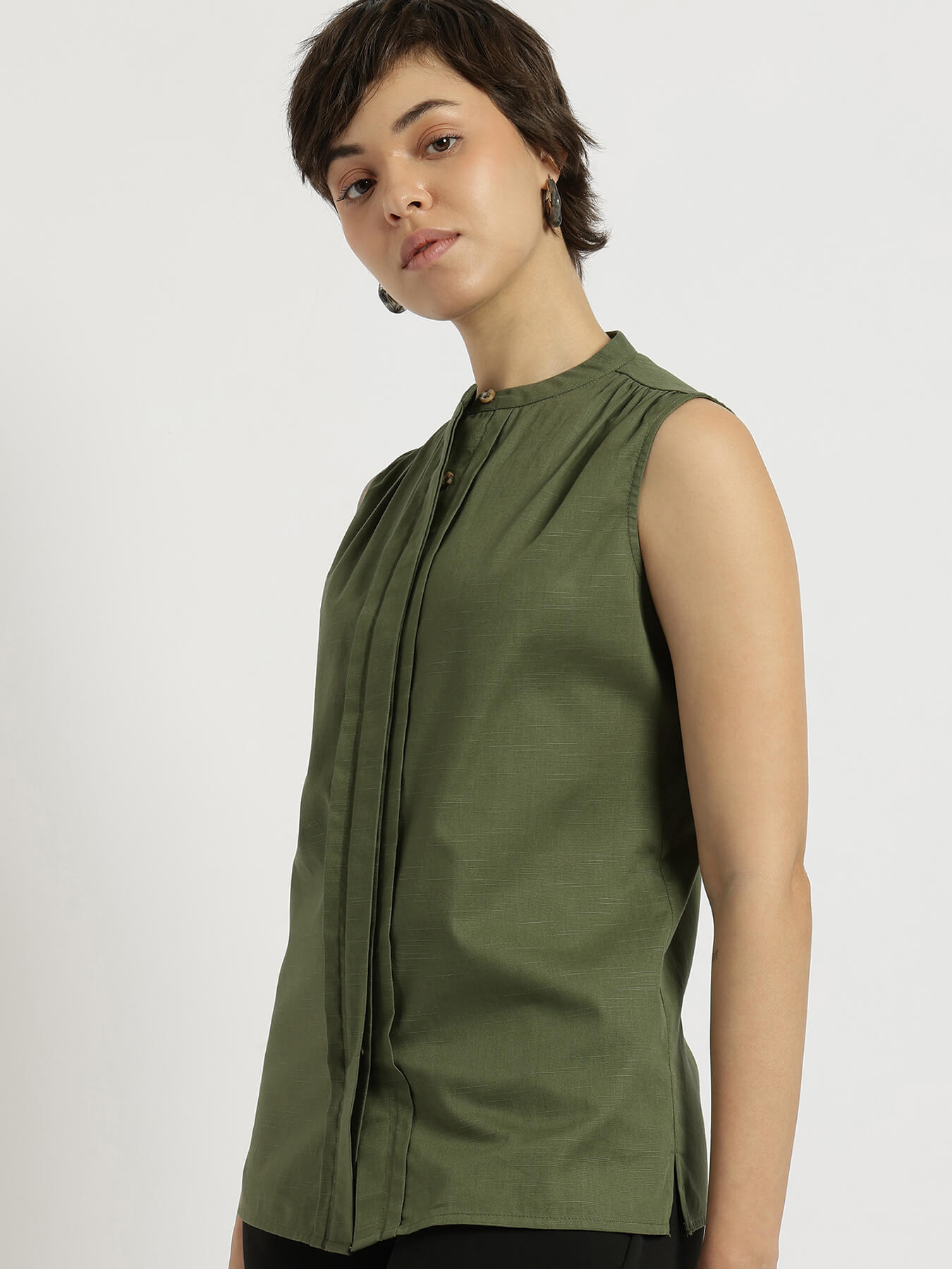Cotton Mandarin Collar Top - Olive
