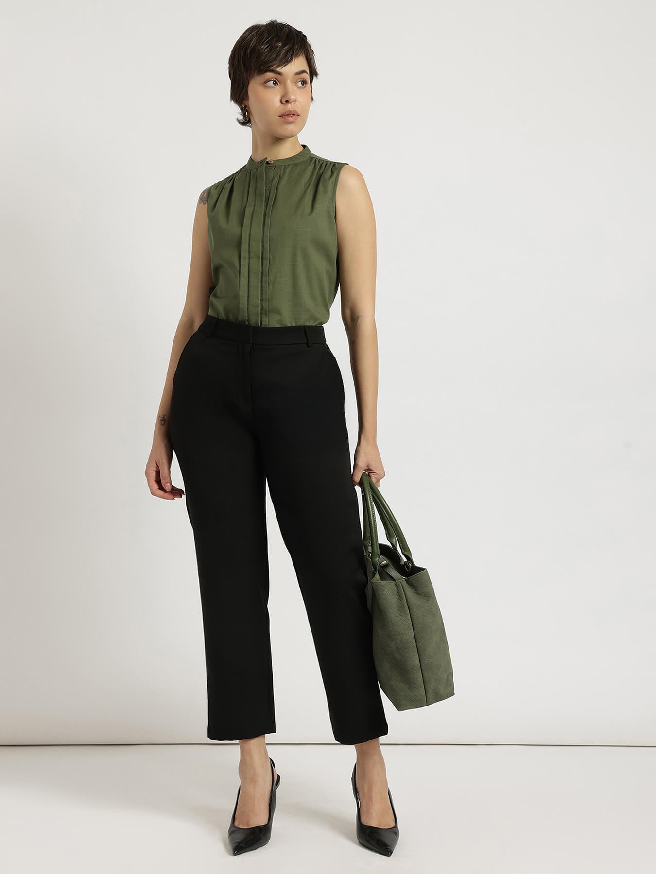 Cotton Mandarin Collar Top - Olive