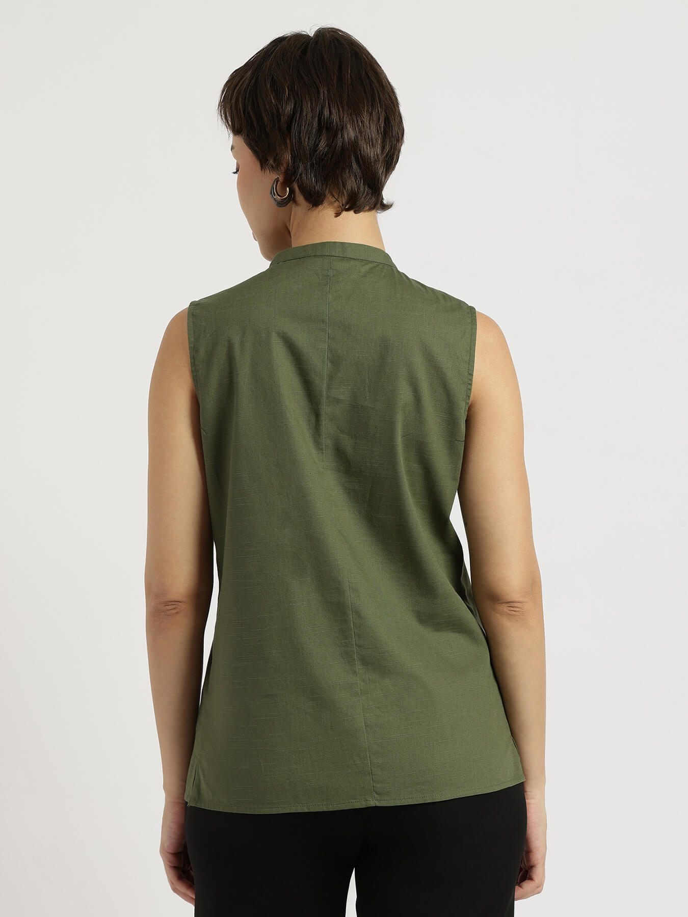 Cotton Mandarin Collar Top - Olive