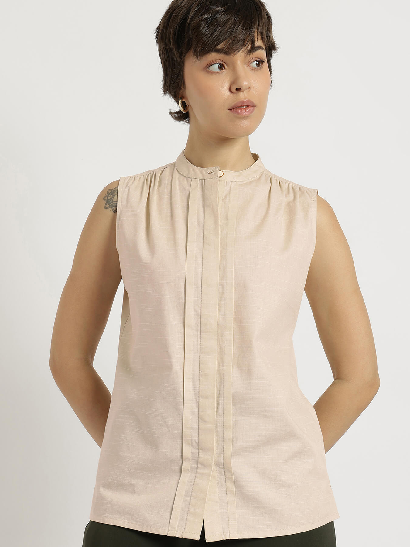 Cotton Mandarin Collar Top - White