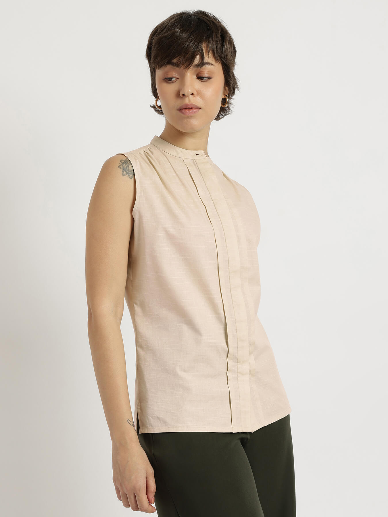 Cotton Mandarin Collar Top - White