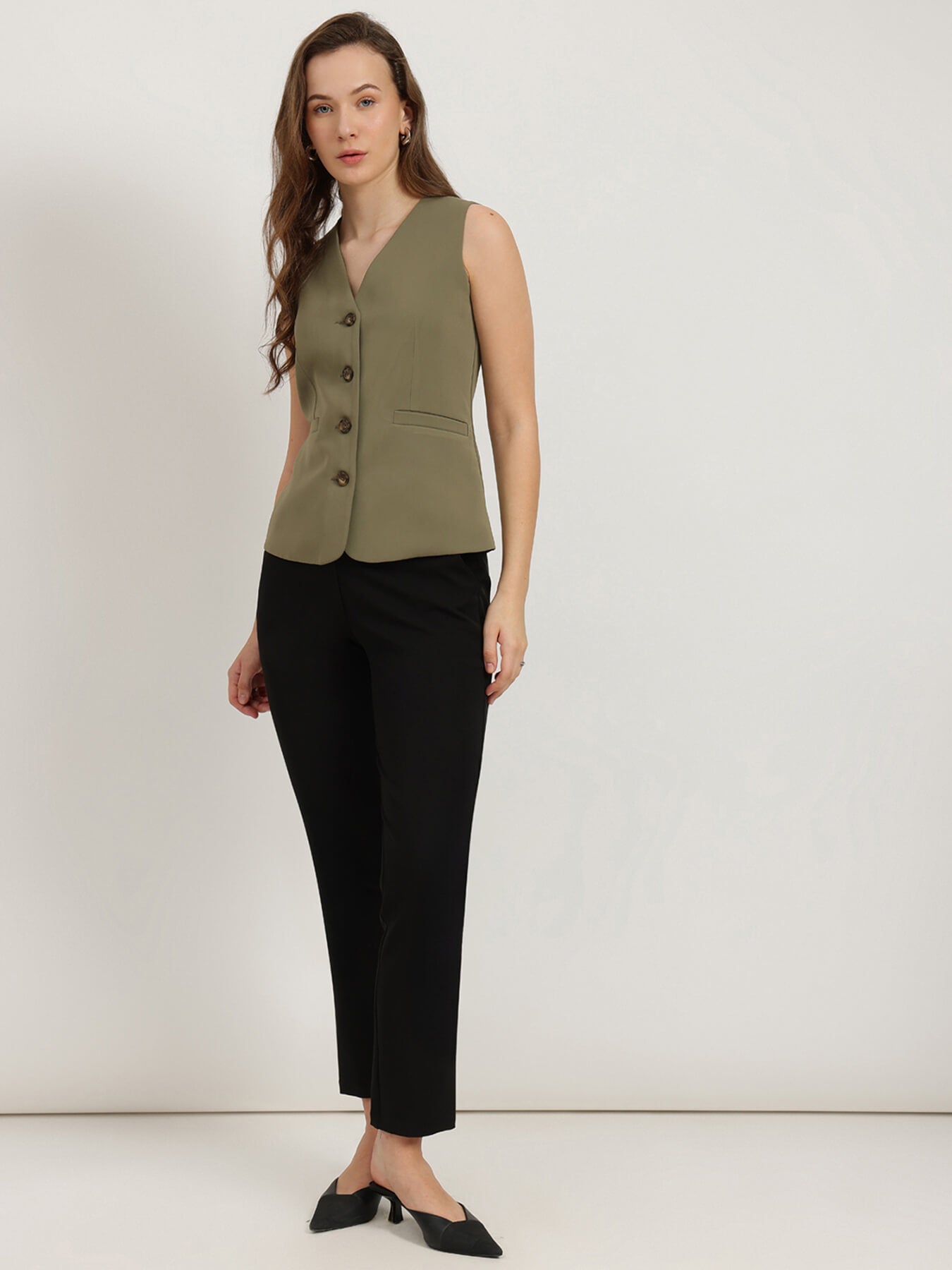 V Neck Waistcoat - Olive