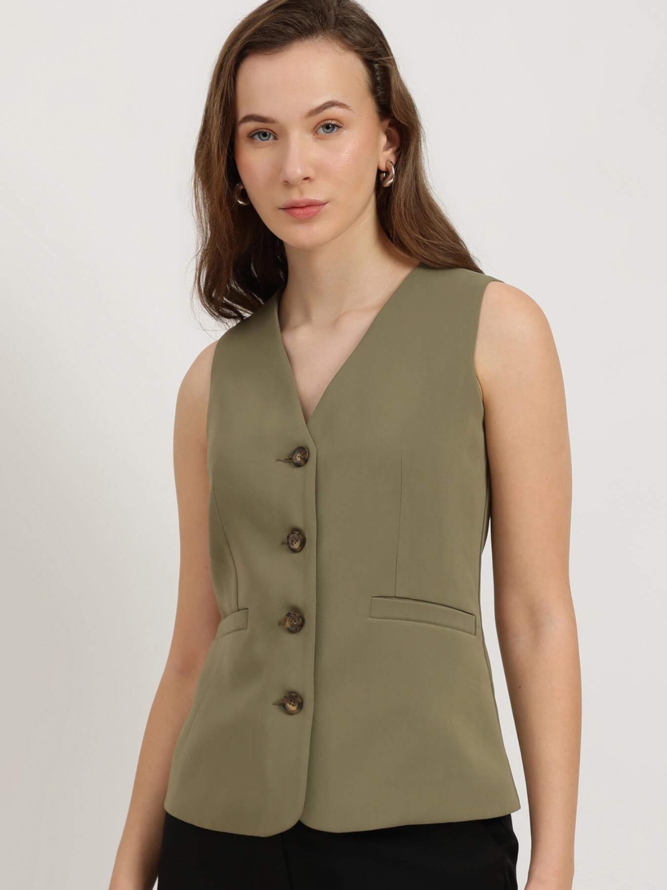 V Neck Waistcoat - Olive