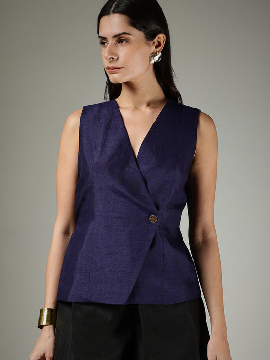 Silk V-Neck Waistcoat - Navy Blue