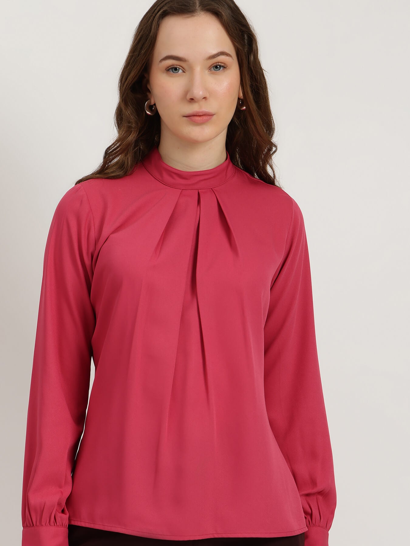 Pleat High-Neck Top - Pink