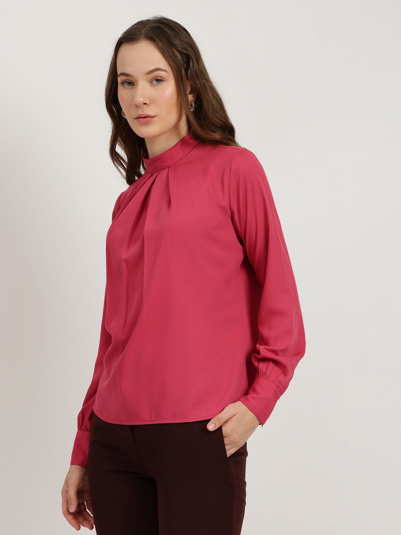 Pleat High-Neck Top - Pink