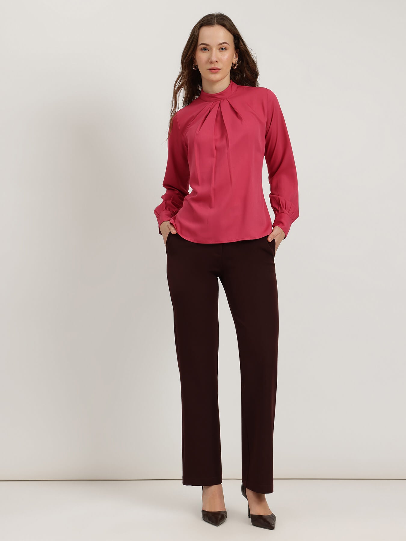 Pleat High-Neck Top - Pink