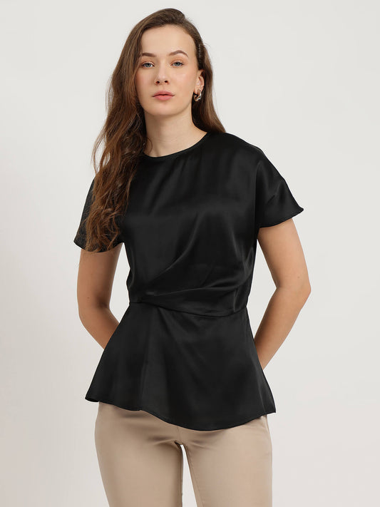 Satin Waist-Pleat Top - Black