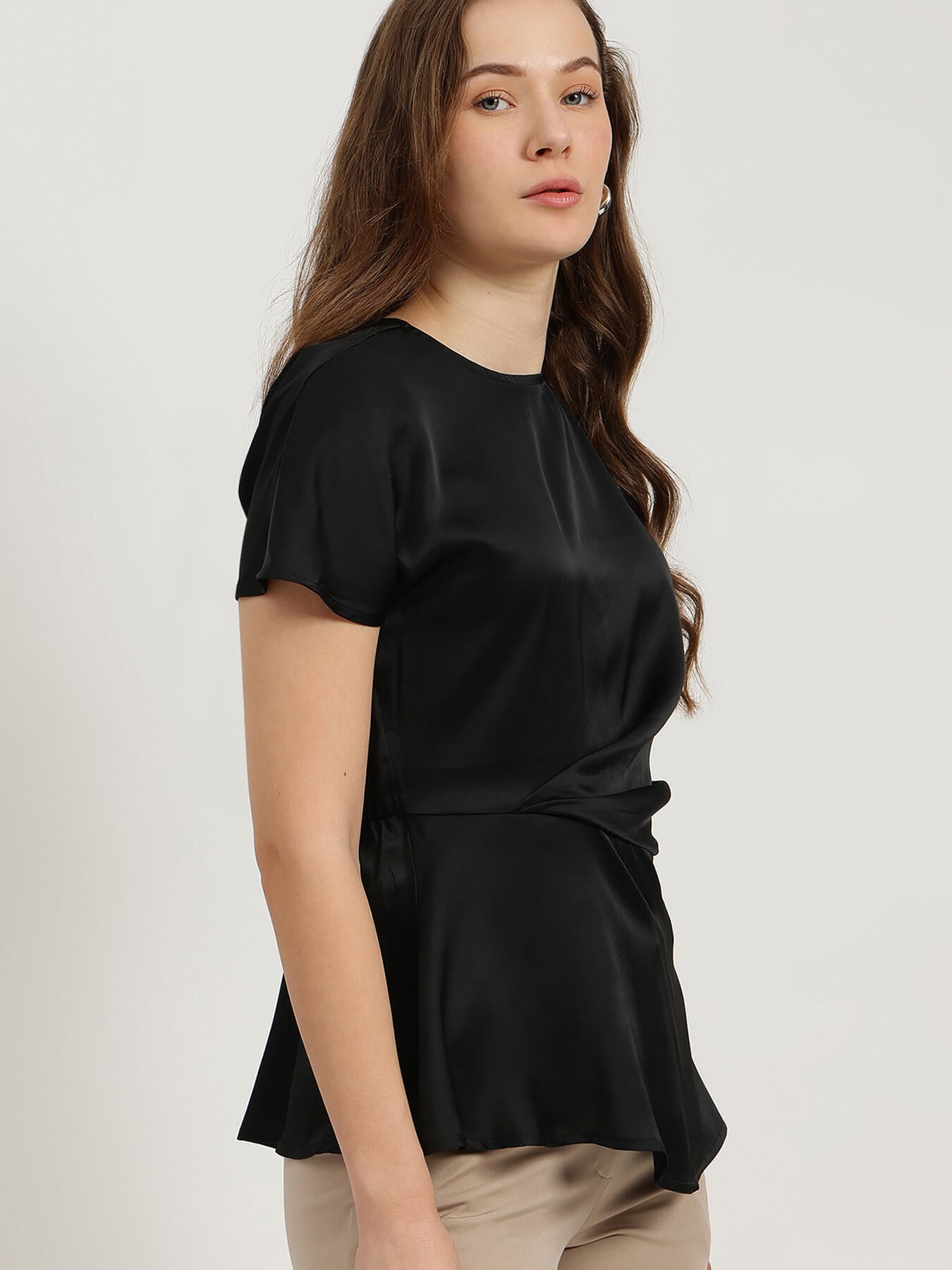 Satin Waist-Pleat Top - Black