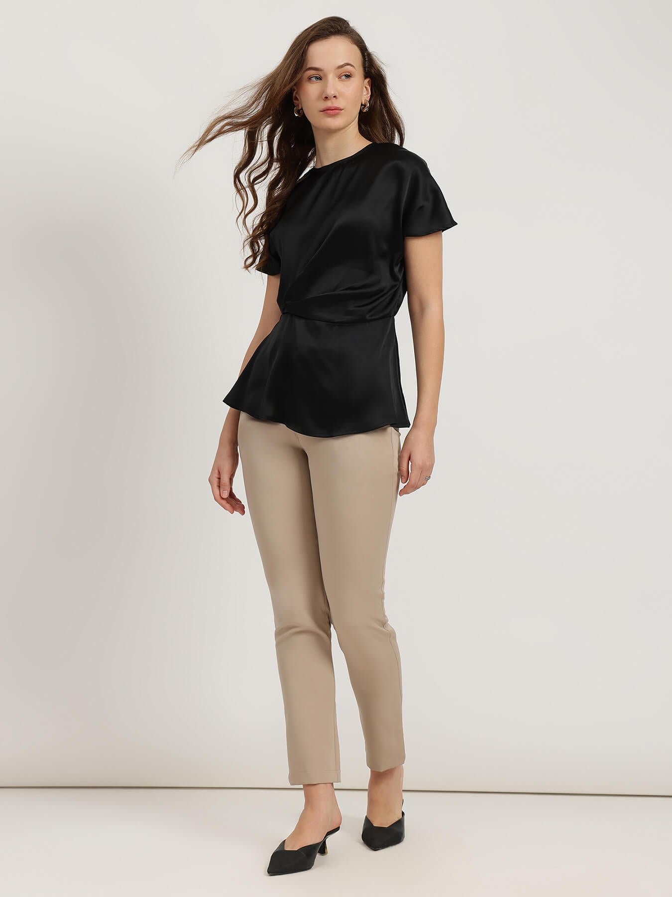 Satin Waist-Pleat Top - Black