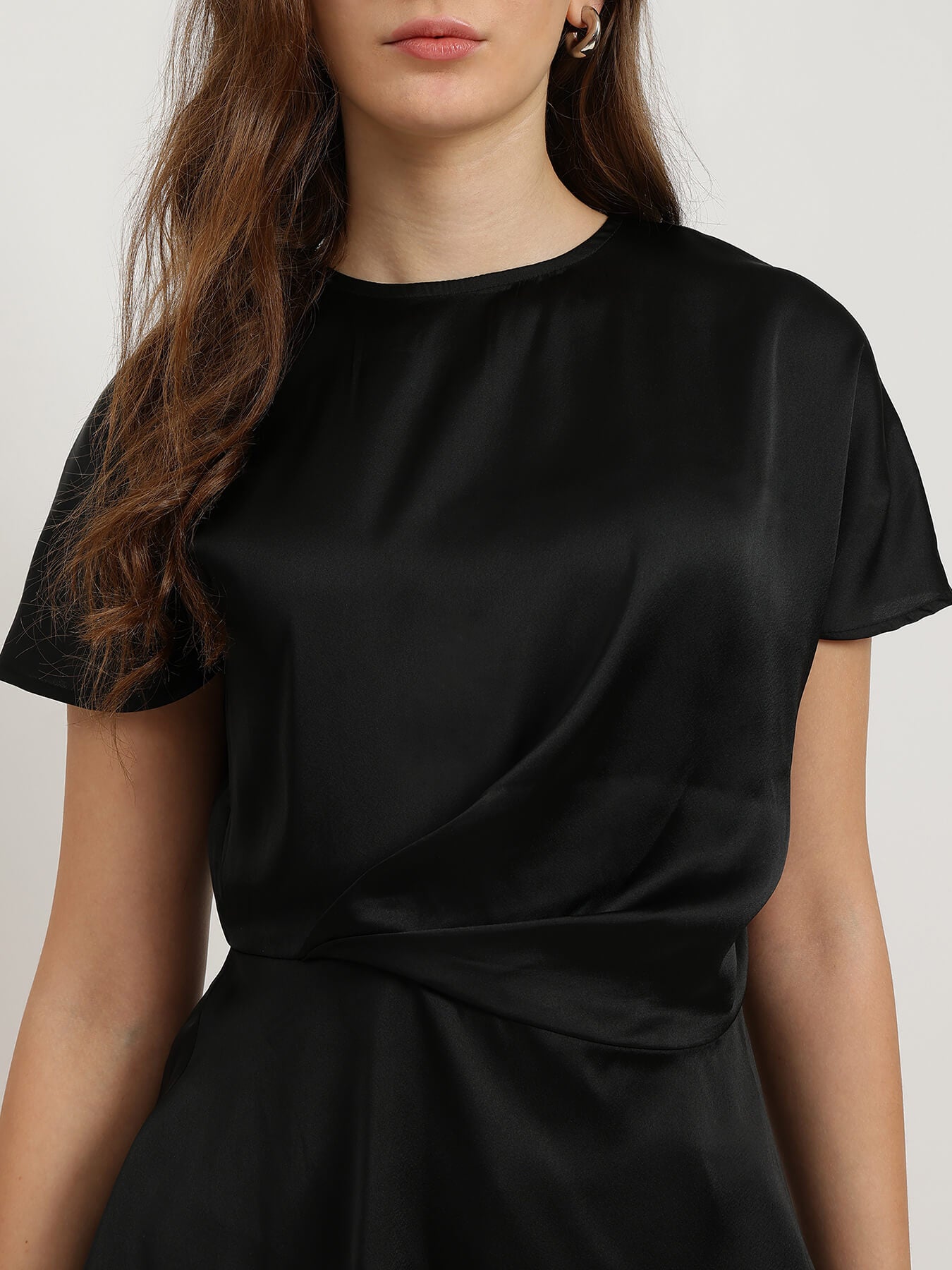 Satin Waist-Pleat Top - Black