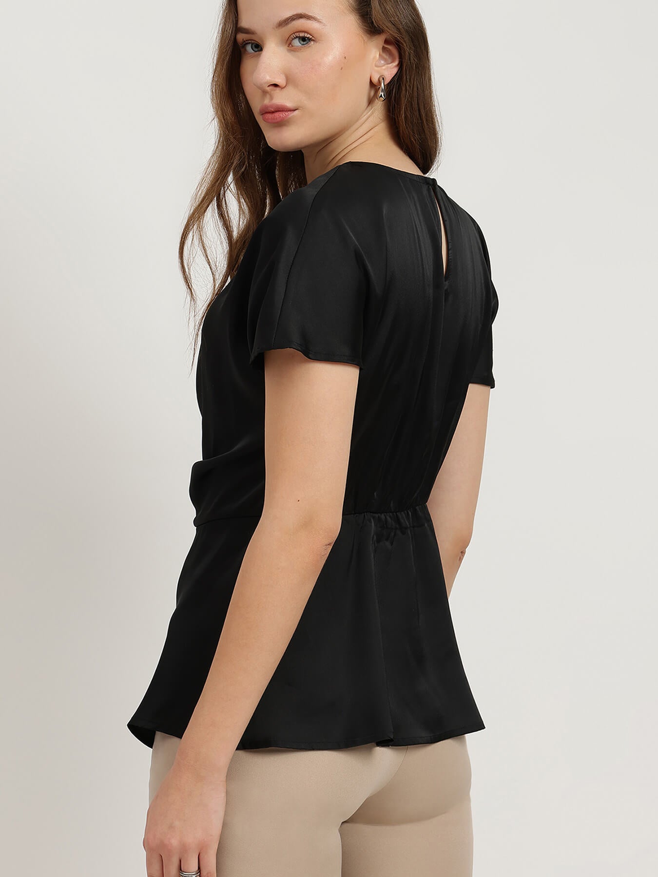 Satin Waist-Pleat Top - Black