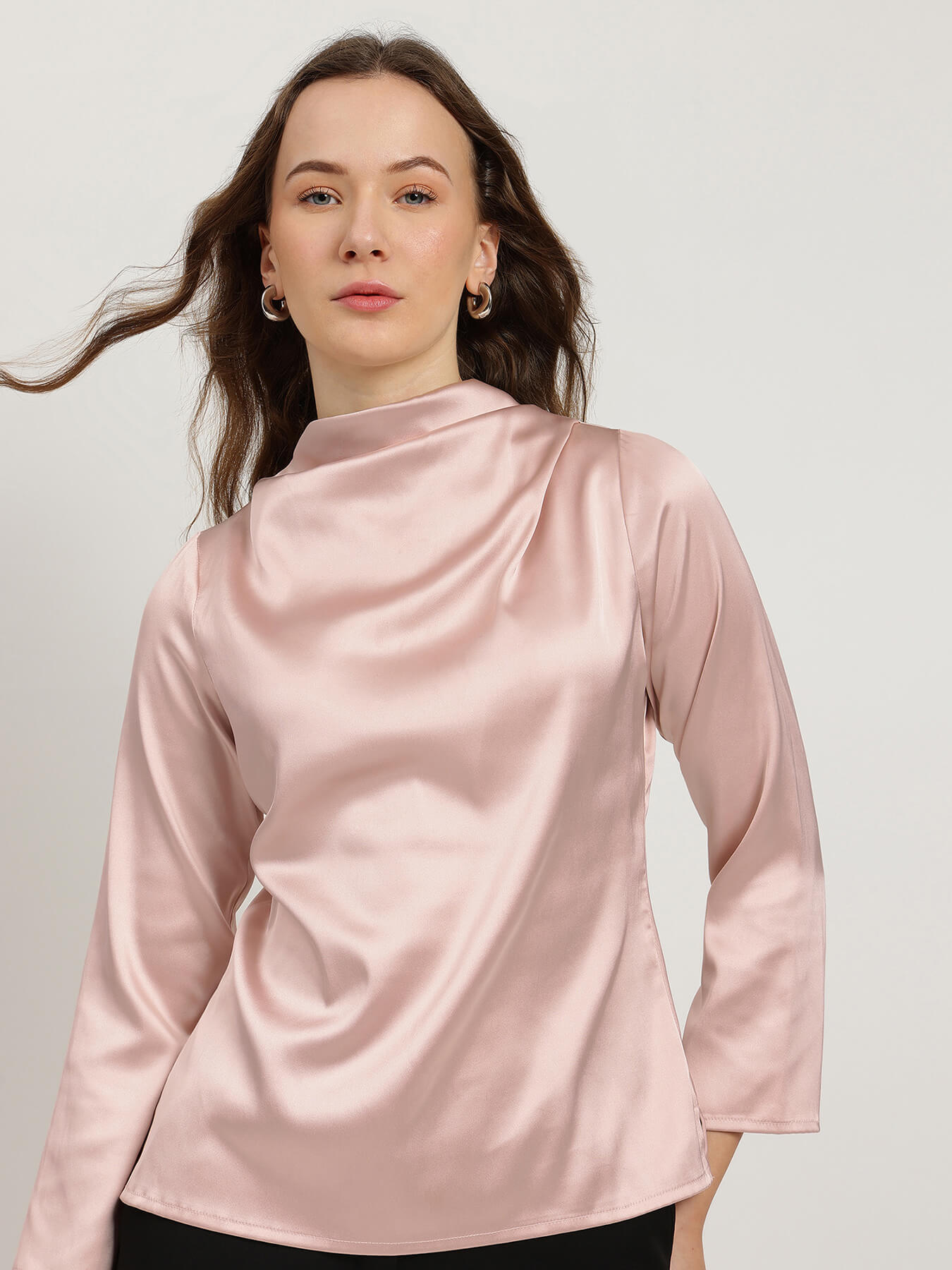 Satin High Cowl Neck Top - Pink