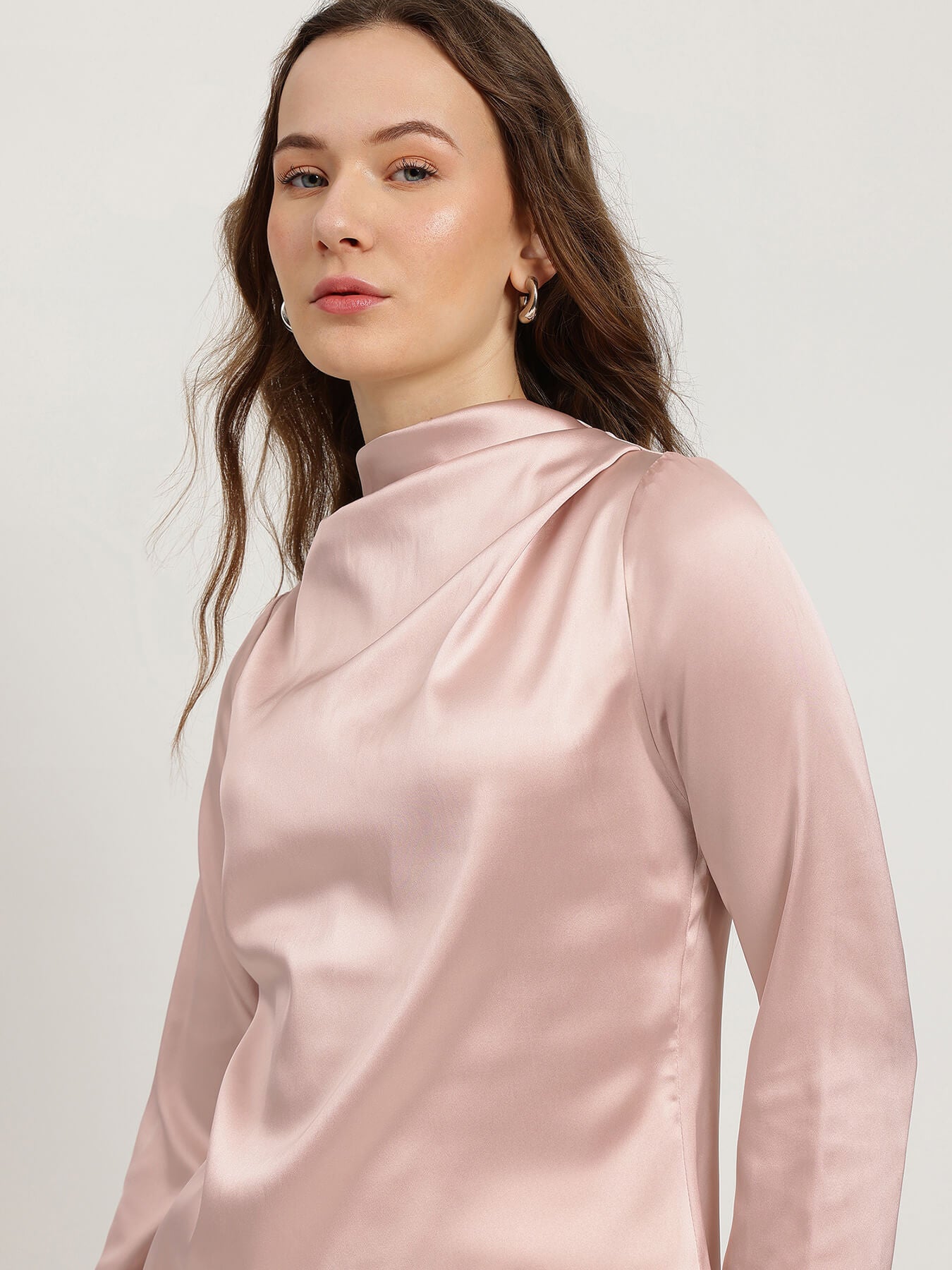 Satin High Cowl Neck Top - Pink