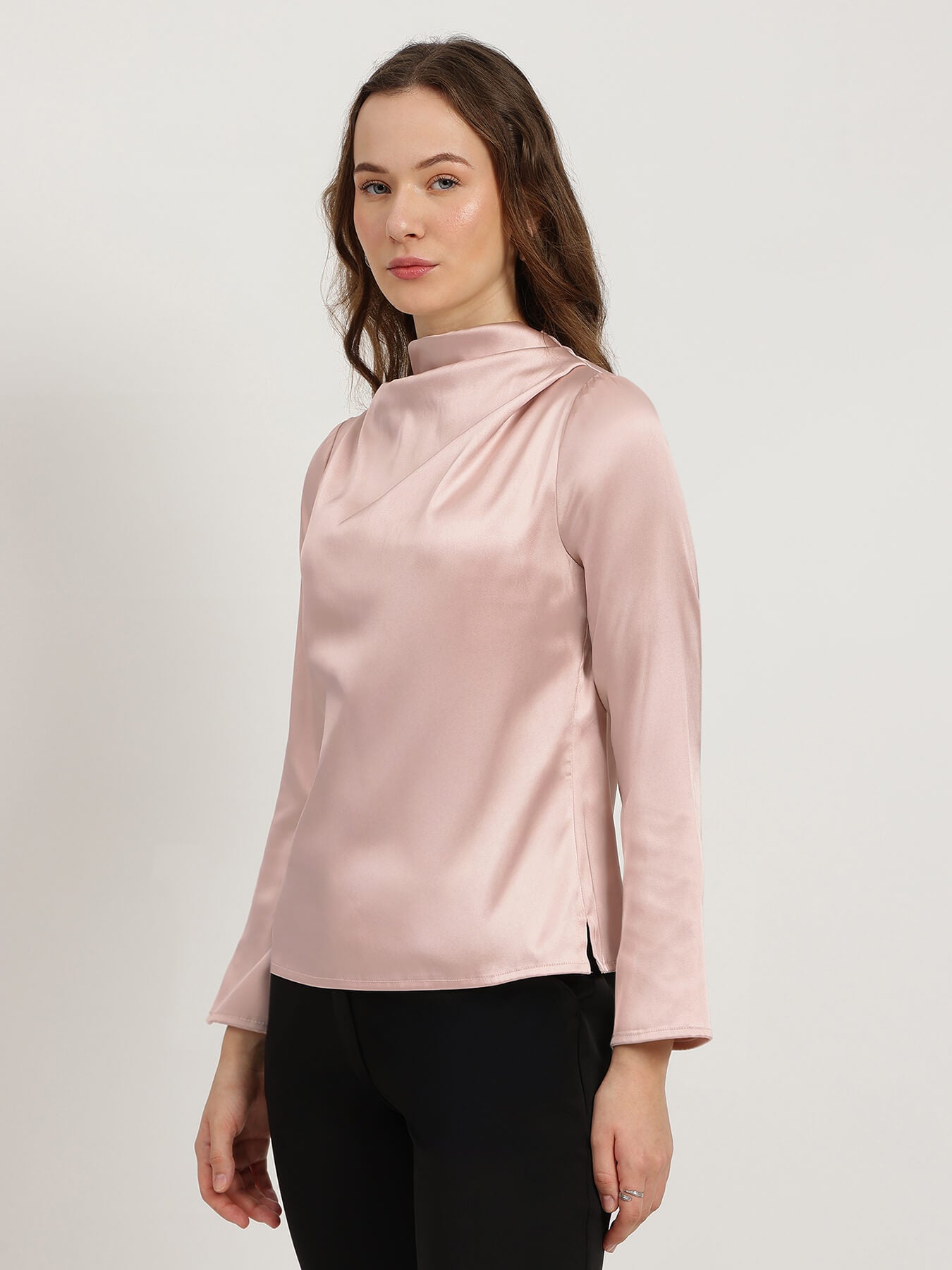 Satin High Cowl Neck Top - Pink