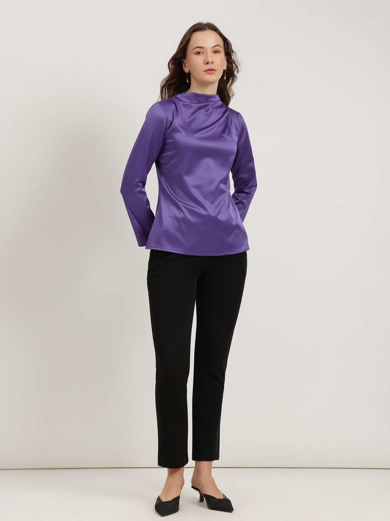 Satin High Cowl Neck Top - Purple