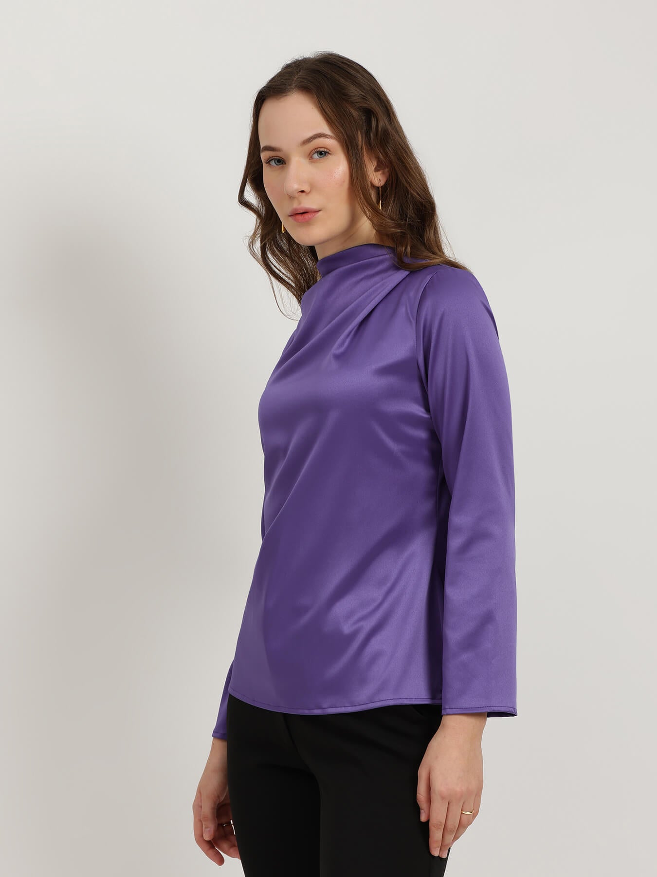 Satin High Cowl Neck Top - Purple